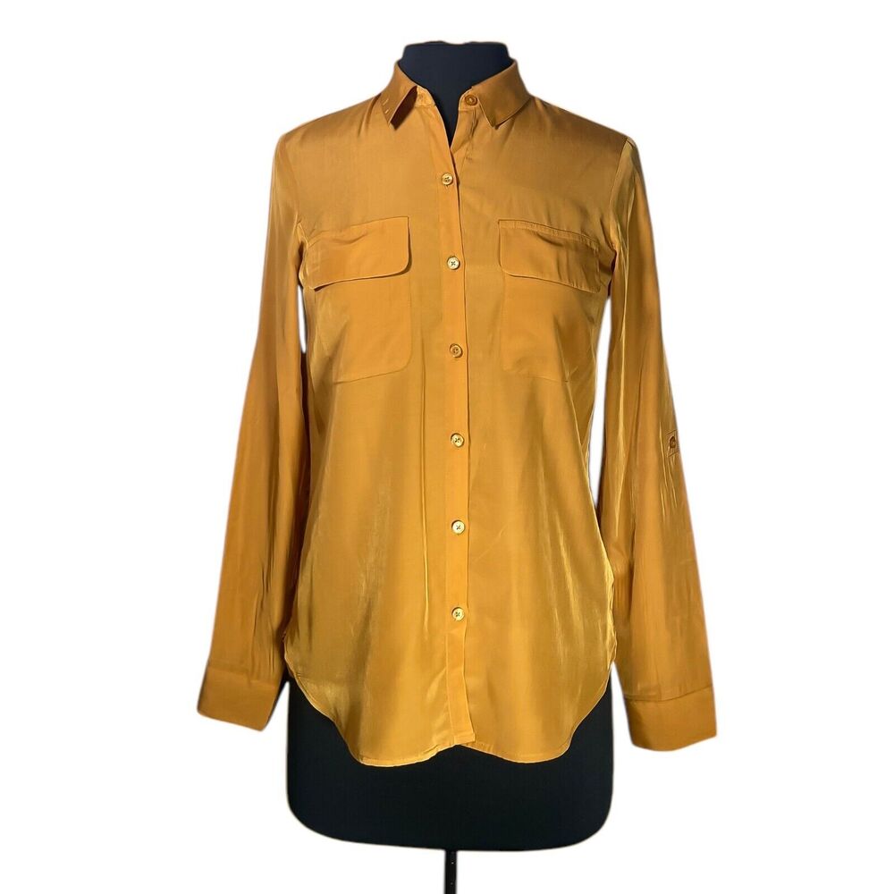 Express Women's Shirt Button Up Mustard Gold Roll Tab Sleeve Blouse Top XS NWT